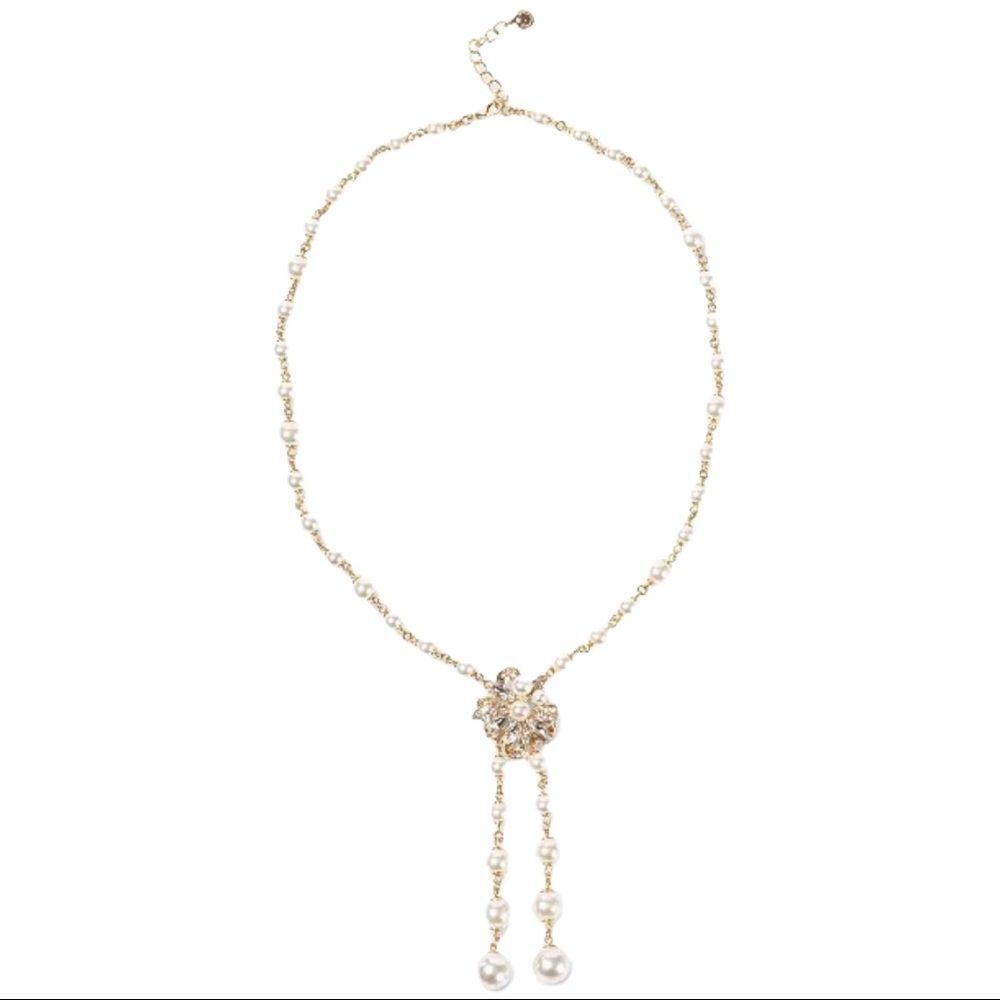 NWOT CHARTER CLUB Gold-Tone Crystal & Imitation Pearl Bow Long Lariat Necklace